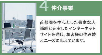 仲介事業 首都圏を中心とした豊富な店舗網と充実したインターネットサイトを通じ、お客様の住み替えニーズに応えています。